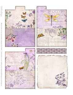 four pieces of paper with butterflies and flowers on them, all in different colors from purple to white