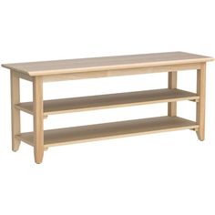 a wooden table with two shelves on each side and one shelf below the top that is empty