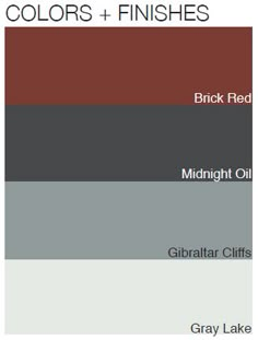 the color scheme for different shades of gray, red and black with text that reads colors + finishes brick red midnight oil gibrar cliffs grey lake