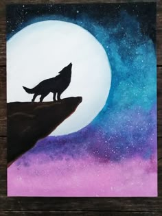 a painting of a wolf standing on top of a cliff