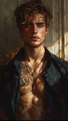 a painting of a man with tattoos on his chest