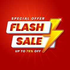 the flash sale is up to 75 % off on red background with yellow lightning bolt