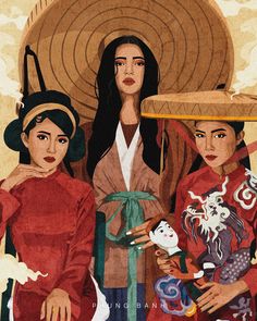 three women in traditional chinese clothing with an umbrella over their head and one holding a doll