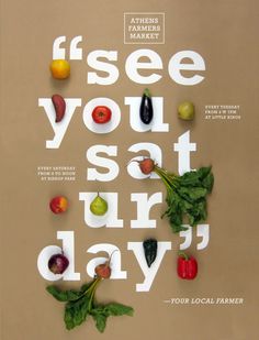 an advertisement for the farmers market with vegetables and fruits on it's back cover