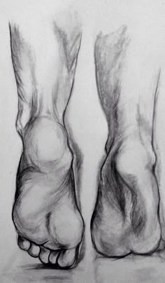 a pencil drawing of two feet with their toes in the air