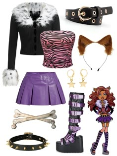 a bunch of different items that are on top of a white surface and one is wearing a purple skirt