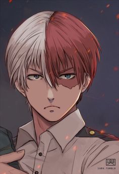 an anime character with red hair and white hair, wearing a uniform in front of a dark background