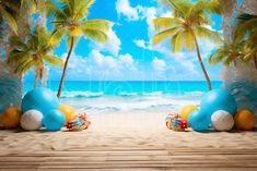 an image of a beach scene with palm trees and balls on the sand in front of the ocean