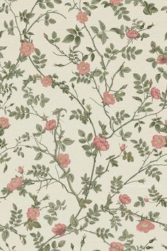 a floral wallpaper with pink flowers and green leaves