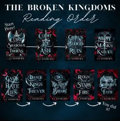 the broken kingdoms reading order banner with five different books in white and black font