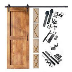 an open wooden door with hardware and tools on the bottom, next to it is a set of sliding doors