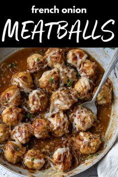 a bowl filled with meatballs covered in gravy