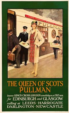 the queen of scots'pullman poster is shown in green and white with an image of two men standing outside