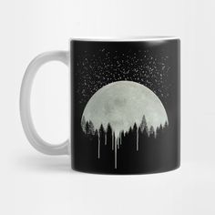 a black and white coffee mug with the moon in the sky above trees on it