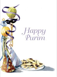 a birthday card with balloons, ribbons and cake on the plate that says happy purim