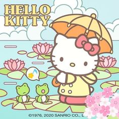 the hello kitty character is holding an umbrella in front of water lilies and flowers