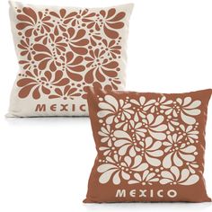 two brown and white pillows with the word mexico printed on them, one is made out of