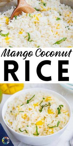 mango coconut rice in a white bowl with a wooden spoon next to it and the words mango coconut rice