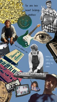 a collage of various musical instruments and people with the words, music for one her heart belongs to another