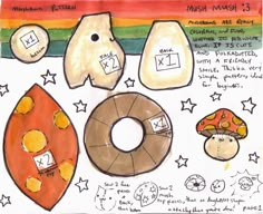 a drawing of doughnuts and other food items on a white paper with rainbow in the background