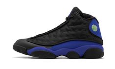 The Air Jordan 13 “Hyper Royal” is a Holiday 2020 release of Michael Jordan’s thirteenth signature shoe in a colorway reminiscent of the former Player Exclusive colorway worn by Quentin Richardson with the Orlando Magic.  Sans any of the “Q-Rich” branding that appears on Richardson’s Jordan 13 PE, the “Hyper Royal” is nonetheless a covetable non-original makeup of the ‘90s performance basketball shoe.  The shoe features black leather on the toe and a black dotted mesh upper with reflective mater Royal Shoes, Sneaker Bar, Jordan 13 Black, Retro 13, Blue Jordans, Jordan Shoes Girls, Air Jordan 13 Retro, Fresh Sneakers, Jordan 13 Retro