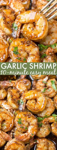 garlic shrimp in a skillet with text overlay