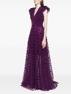 Find SAIID KOBEISY Polka Dot Beaded Tulle Dress on Editorialist. violet purple tulle overlay semi-sheer construction polka dot embroidery bead embellishment V-neck concealed rear zip fastening cap sleeves belted waist flared skirt partial lining floor-length Polka Dot Embroidery, Dot Embroidery, Saiid Kobeisy, Purple Tulle, Formal Wedding Guests, Beaded Tulle, Wedding Guest Looks, City Dress, Violet Purple