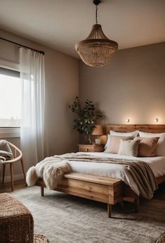 a bedroom with a large bed and wooden headboard