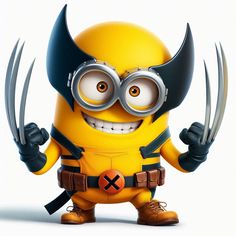 a cartoon minion with horns and glasses holding two large claws in one hand while looking at the camera