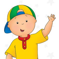 a child with a yellow shirt and blue hat is holding his hand up in the air