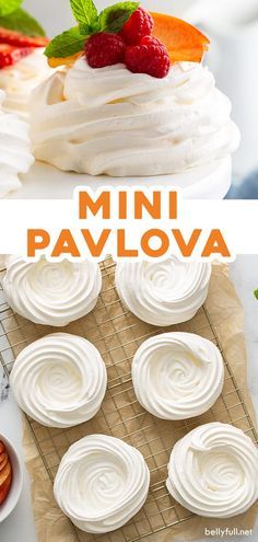 mini pavlova cupcakes with white frosting and fresh fruit on top