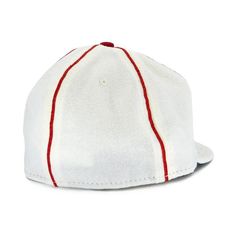 a white baseball cap with red stitching on the front and side, against a white background