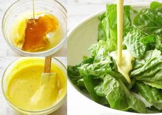 three pictures show different stages of dressing being poured into a salad in a bowl and then topped with lettuce