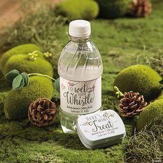 a bottle of water sitting on top of green grass next to pine cones and leaves