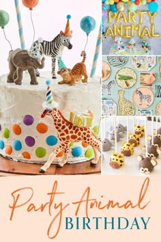 an animal themed birthday party is featured in this postcard style photo with the words, party animal birthday on it