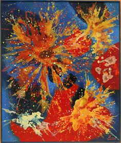 an abstract painting with red and yellow flowers