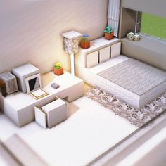 a room with a bed, nightstands and other items on the floor in it