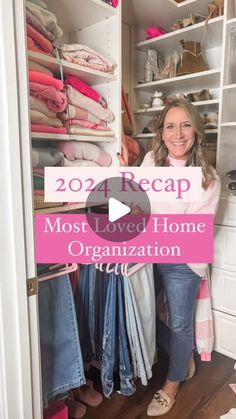 a woman standing in front of a closet filled with clothes and other items that are on shelves