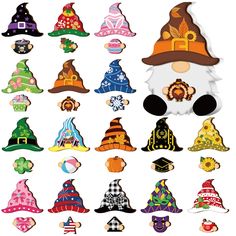 an assortment of wizard hats with different designs on the front and back, all in various colors