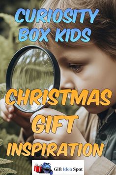 a boy looking through a magnifying glass with the words curiosity box kids christmas gift inspiration