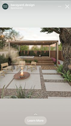 an outdoor fire pit surrounded by wooden benches and chairs in the middle of a garden