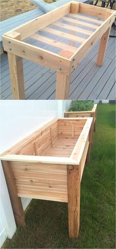 an outdoor table made out of pallets and wooden planks is shown in two different views