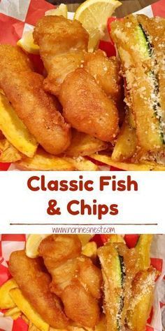 fish and chips with lemon wedges on the side are shown in two separate images