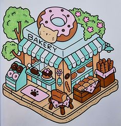 a drawing of a doughnut shop with donuts and other treats