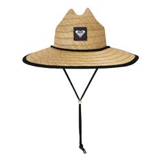 a straw hat with a black ribbon around the brim and an animal patch on it