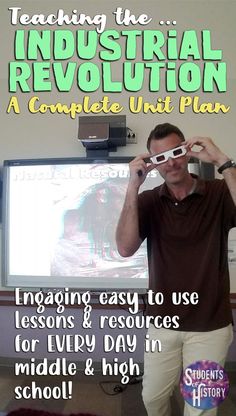 a man standing in front of a projector screen with text reading teaching the industrial revolution a complete unit plan