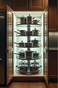 an open refrigerator with pots and pans in the bottom shelf, on wooden flooring