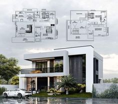 an architectural drawing of a modern house with two floors and three car parking spaces in front of it