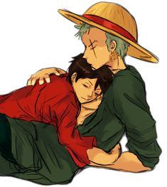 two people are hugging each other while one is wearing a straw hat and the other has a red shirt