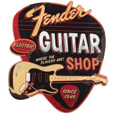 a guitar shop sign with an electric guitar